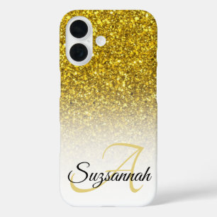Custom Monogram Name Gold Glitter Ombre iPhone 16 Case