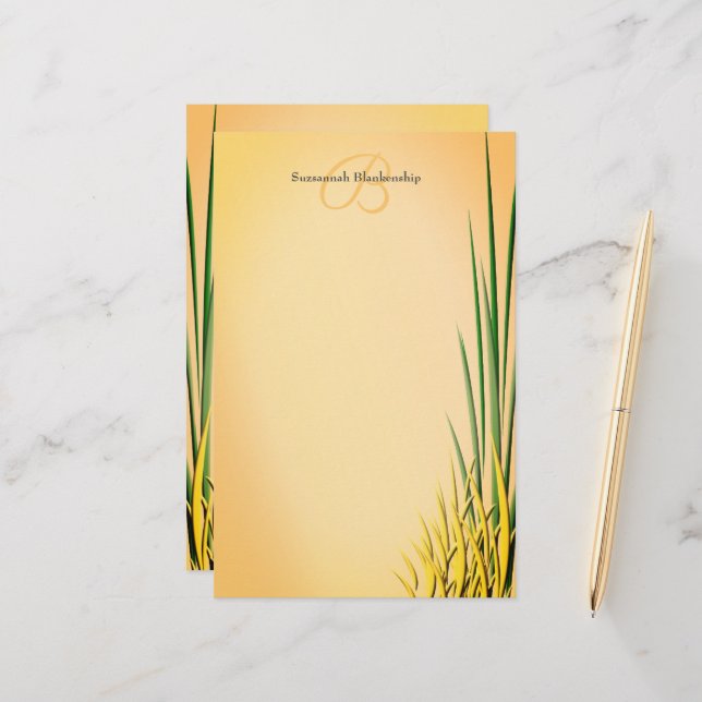 Custom Monogram Name Grass Border Stationery (Front/Back In Situ)