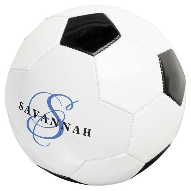 Custom Monogram Name Modern Fun Sports Blue Soccer Ball (Three Quarter)
