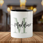 Custom Monogram Name Modern Script Swirls Two-Tone Coffee Mug<br><div class="desc">Elegant, modern coffee mug with your custom name and monogram in a trendy hand lettered script calligraphy design in minimalist dusty sage green and black, this typography driven design makes a great gift for coworkers, teachers, coaches, girlfriends, boyfriends, wives, daughters, or any other work or family member! Great for the...</div>