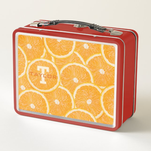 Custom Monogram & Name Oranges Metal Lunch Box (Back)