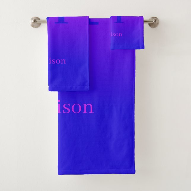 Custom monogram & name Pink to Blue Gradient Bath Towel Set (Insitu)