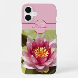 Custom Monogram Name Pink Water Lily Photograph iPhone 16 Plus Case