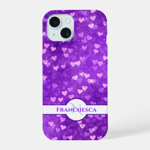 Custom Monogram Name Purple Heart Bokeh Art iPhone 15 Case