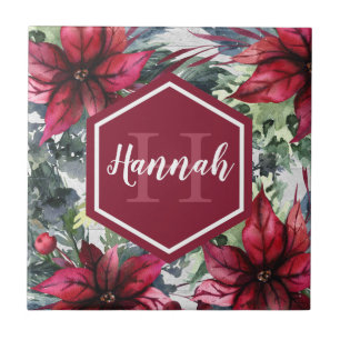 Custom Monogram Name Red Poinsettia Ceramic Tile