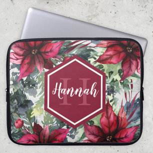 Custom Monogram Name Red Poinsettia Laptop Sleeve