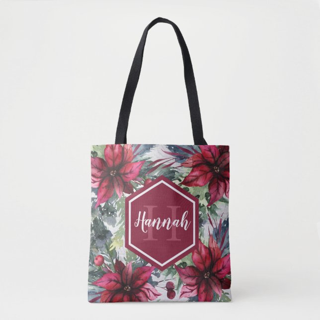 Custom Monogram Name Red Poinsettia Tote Bag (Front)