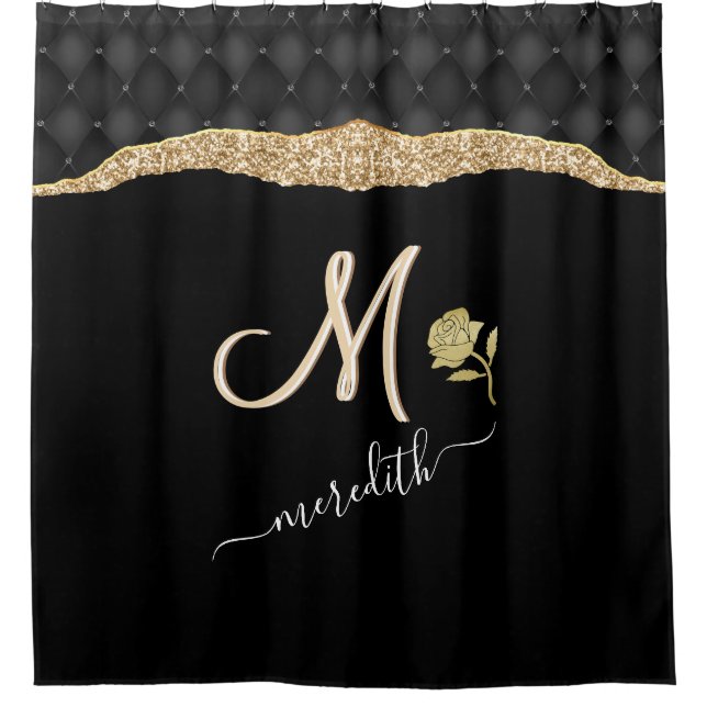 Custom Monogram Name Rose Elegant Gold Black  Show Shower Curtain (Front)