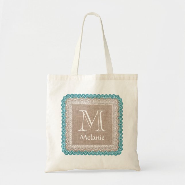 Custom Monogram Name Rustic Burlap Teal Lace A05 Tote Bag (Front)