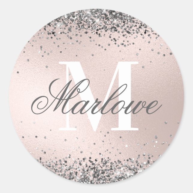 Custom Monogram Name Silver Glitter Blush Pink Classic Round Sticker (Front)