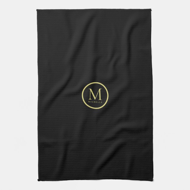 Custom Monogram Name Template Black And Gold Tea Towel (Vertical)