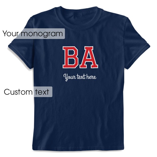 Custom Monogram Name Text Red Navy Graphic T-Shirt (Creator Uploaded)