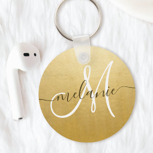 Custom Monogram Name Trendy Script Gold Foil Key Ring