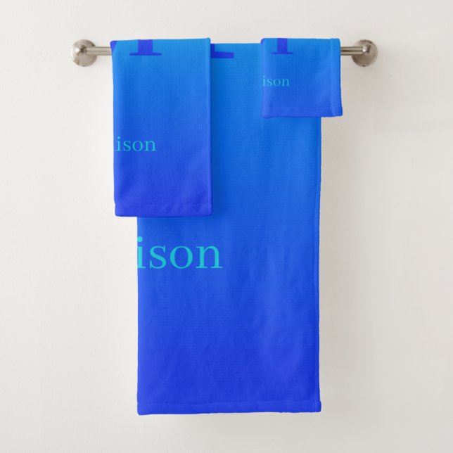 Custom monogram & name Turquoise to Blue Gradient Bath Towel Set (Insitu)