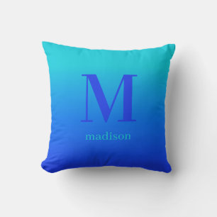 Custom monogram & name Turquoise to Blue Gradient Cushion