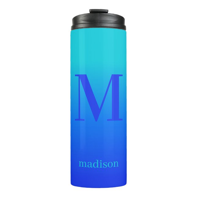 Custom monogram & name Turquoise to Blue Gradient Thermal Tumbler (Front)