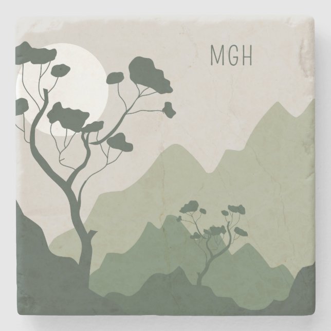 Custom Monogram Nature Illustration Stone Coaster (Front)
