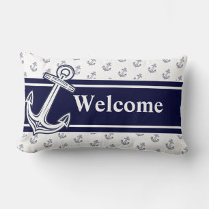 Custom Monogram Nautical Anchor Navy Blue White Lumbar Cushion