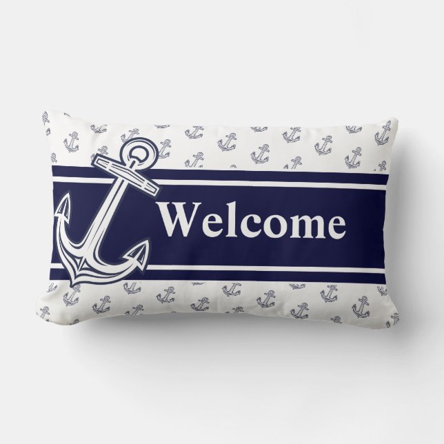Custom Monogram  Nautical Anchor Navy Blue White Lumbar Cushion (Front)