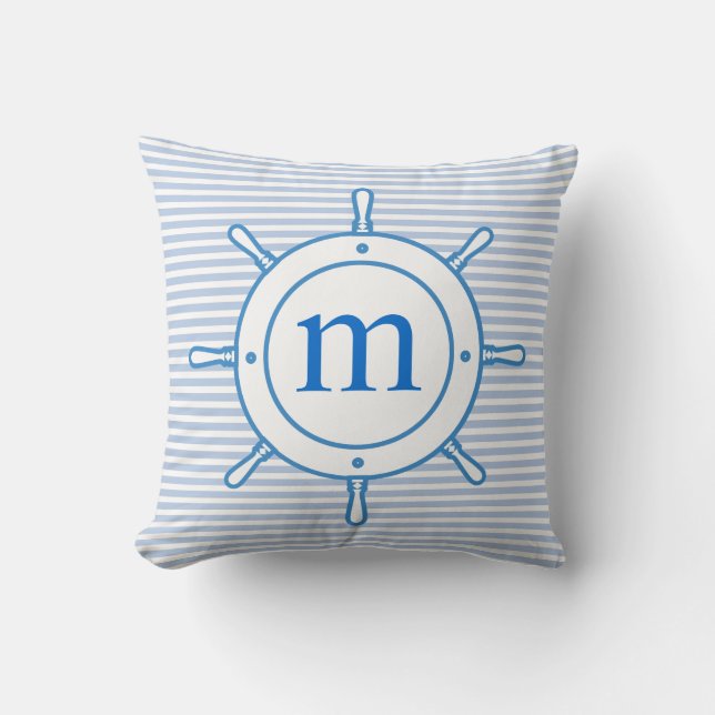 Custom Monogram Nautical Stripes | Blue White Cushion (Front)