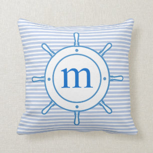 Custom Monogram Nautical Stripes Blue White Cushion