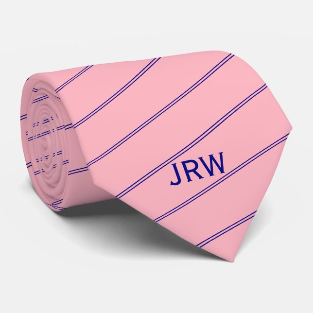 Custom Monogram Navy Blue and Pink Striped Tie (Rolled)