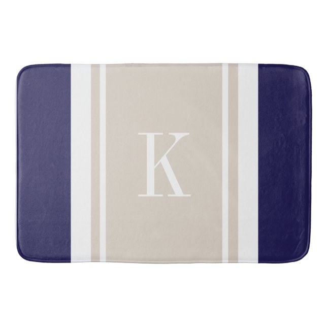 Custom Monogram Navy Blue Beige Stripes Pattern Bath Mat (Front)