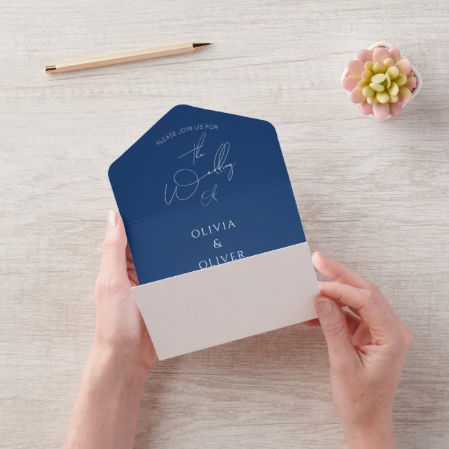 Custom monogram navy blue calligraphy wedding  all in one invitation (Video)