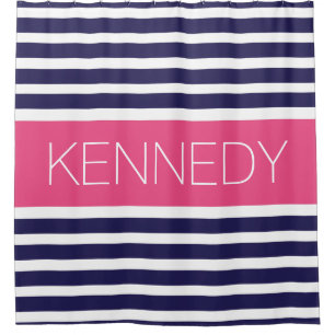 Custom Monogram Navy Blue Hot Pink Nautical Stripe Shower Curtain