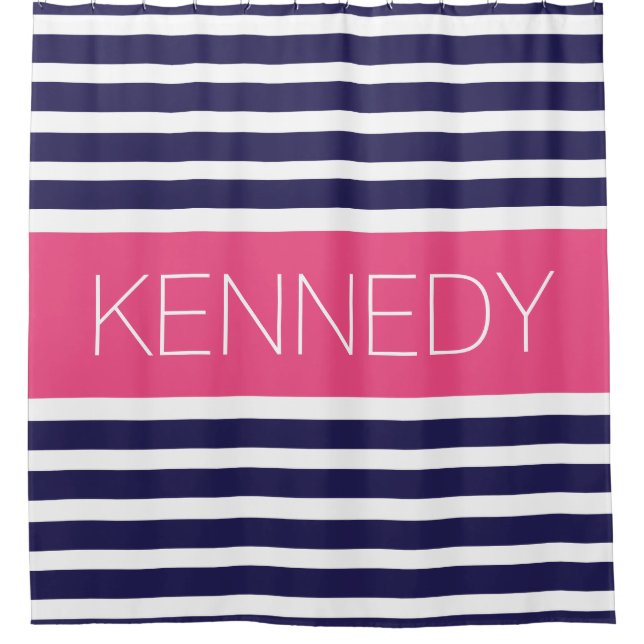 Custom Monogram Navy Blue Hot Pink Nautical Stripe Shower Curtain (Front)