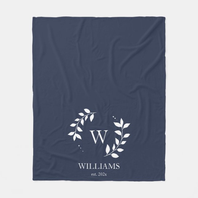 Custom Monogram Navy Blue Initial Newlywed Fleece Blanket (Front)