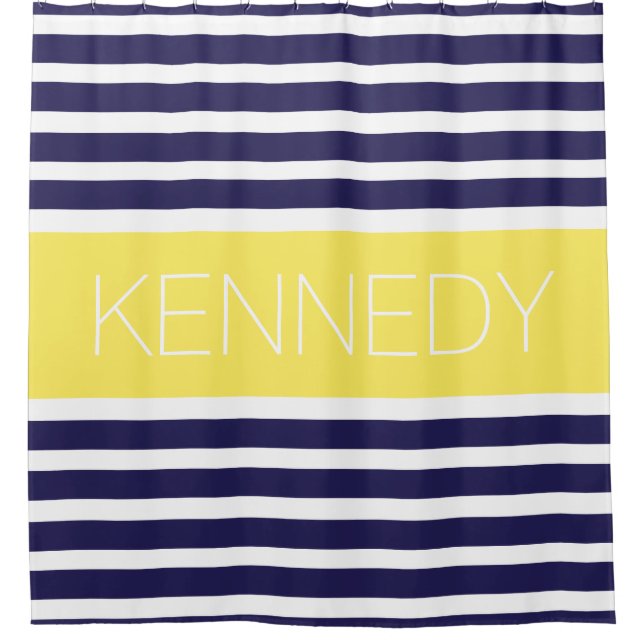 Custom Monogram Navy Blue Yellow Nautical Stripes Shower Curtain (Front)