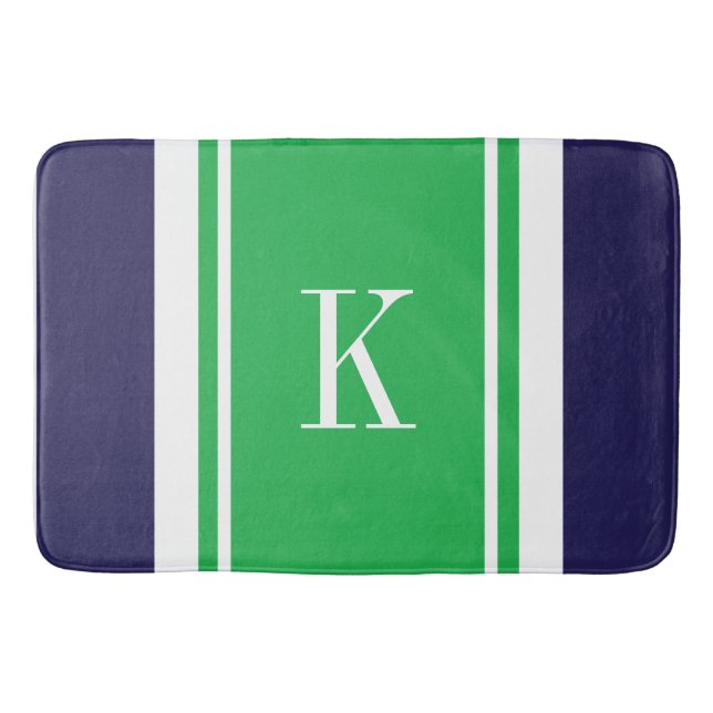Custom Monogram Navy Kelly Green Stripes Pattern Bath Mat (Front)
