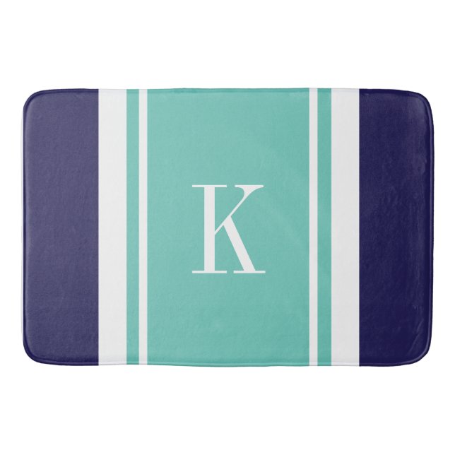 Custom Monogram Navy Teal Mint Stripes Pattern Bath Mat (Front)
