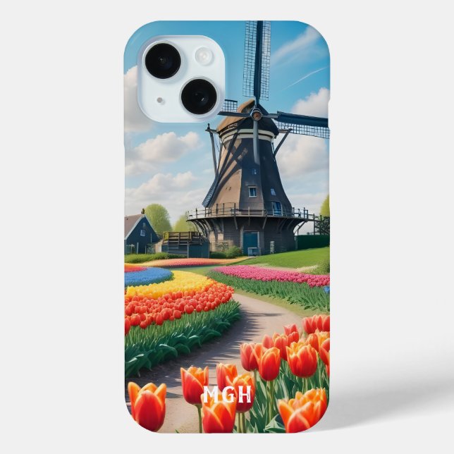 Custom Monogram Netherlands Windmill & Tulips Case-Mate iPhone Case (Back)