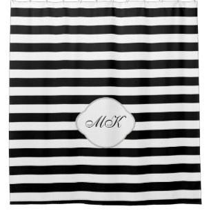 Custom Monogram on Black Stripes on Custom Colour Shower Curtain