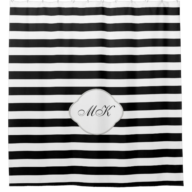 Custom Monogram on Black Stripes on Custom Colour Shower Curtain (Front)
