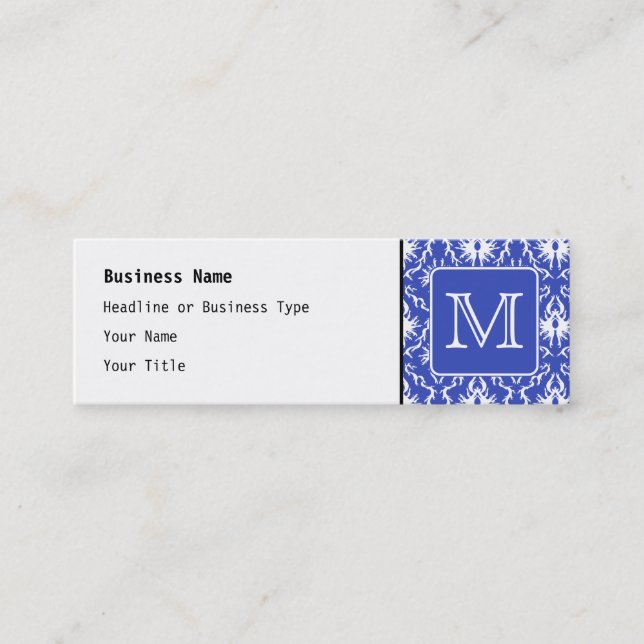 Custom Monogram, on Blue and White Damask Pattern. Mini Business Card (Front)