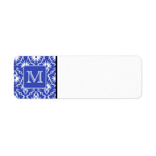 Custom Monogram, on Blue and White Damask Pattern. Return Address Label