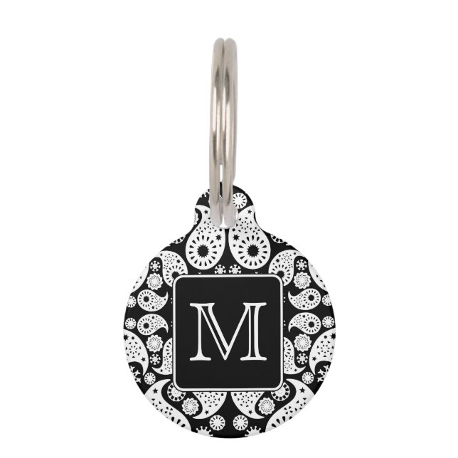 Custom Monogram on Monochrome Paisley Pattern. Pet Tag (Front)