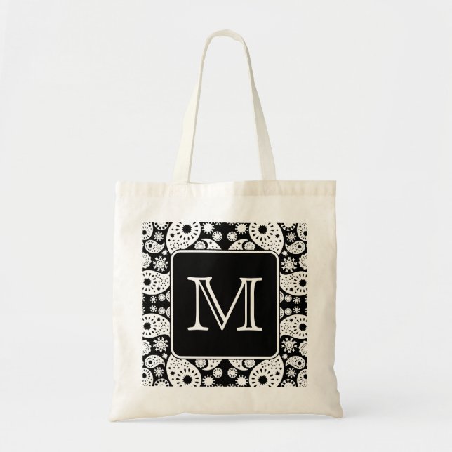 Custom Monogram on Monochrome Paisley Pattern. Tote Bag (Front)