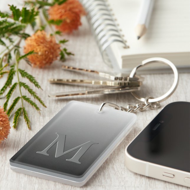 Custom Monogram On Ombre Black Grey White Gradient Key Ring (Front Right)