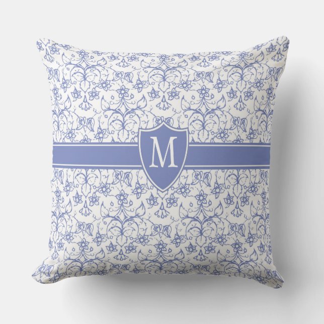Custom Monogram on Stylish Blue Periwinkle Pattern Cushion (Front)