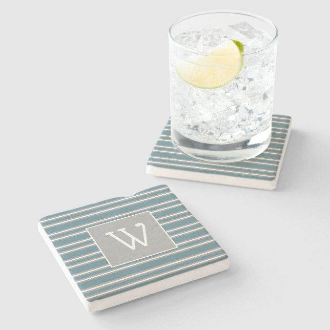 Custom Monogram on Turquoise and Grey Striped Stone Coaster (Side)
