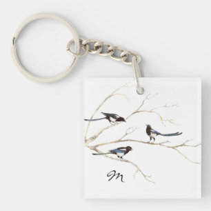 Custom Monogram or Name Magpie Family  Bird Key Ring