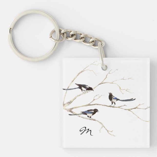 Custom Monogram or Name Magpie Family  Bird Key Ring (Front)