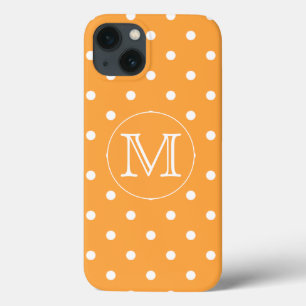 Custom Monogram. Orange and White Polka Dot. iPhone 13 Case