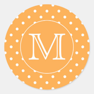 Custom Monogram. Orange and White Polka Dot. Classic Round Sticker