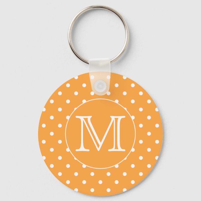 Custom Monogram. Orange and White Polka Dot. Key Ring (Front)