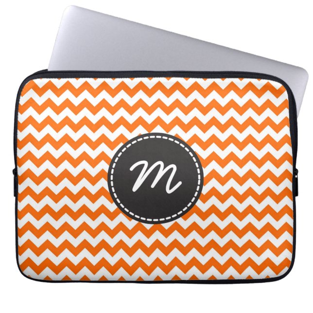 Custom Monogram. Orange White Chevron Zigzag Laptop Sleeve (Front)